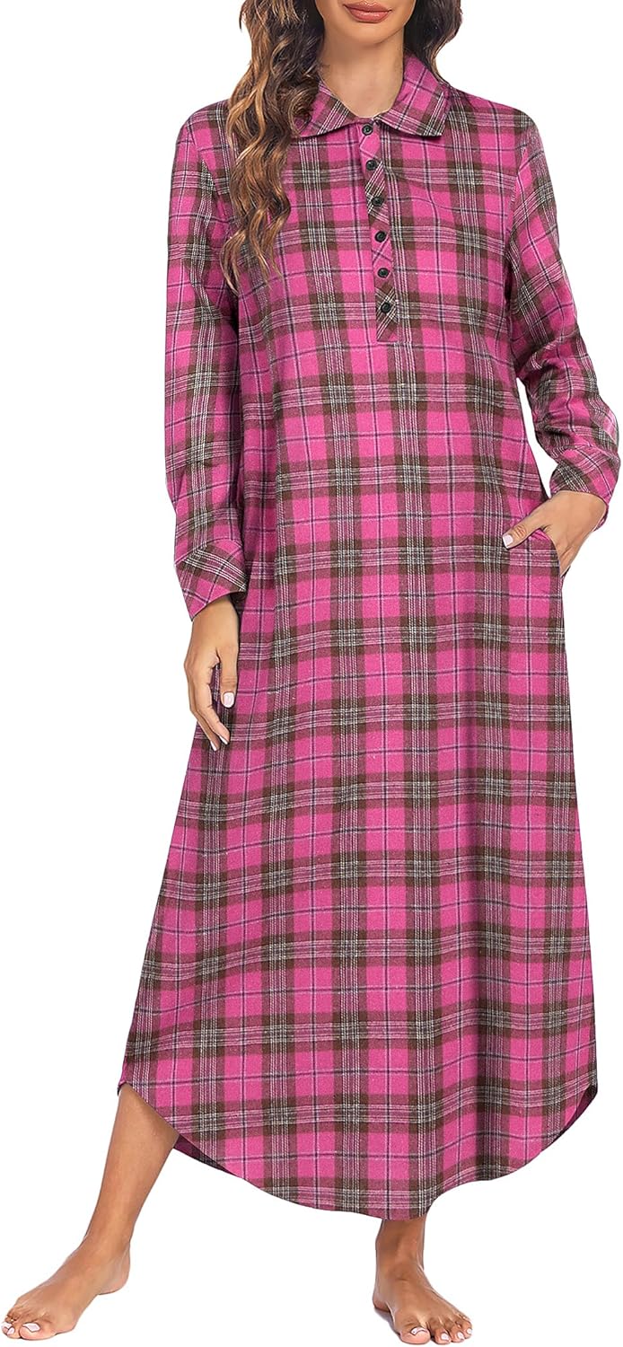 Ekouaer Women's Cotton Nightgown Long Sleeve Plaid Sleepwear