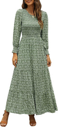 Women's Fall Long Sleeve Maxi Dress Smocked Bodice - Boho Floral