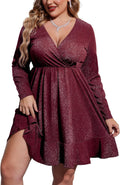 Plus Size Womens Glitter Dress V Neck Long Sleeve Ruffle Hem IN'VOLAND
