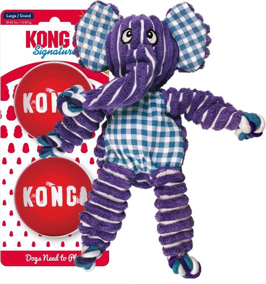 KONG Floppy Knots & Balls (2 Pack) - Enticing Dog Toy Set - Strong Fetch Balls - Elephant