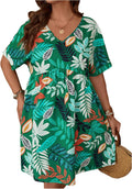 Floerns Women's Plus Size Wrap V Neck Short Sleeve A-Line Dress