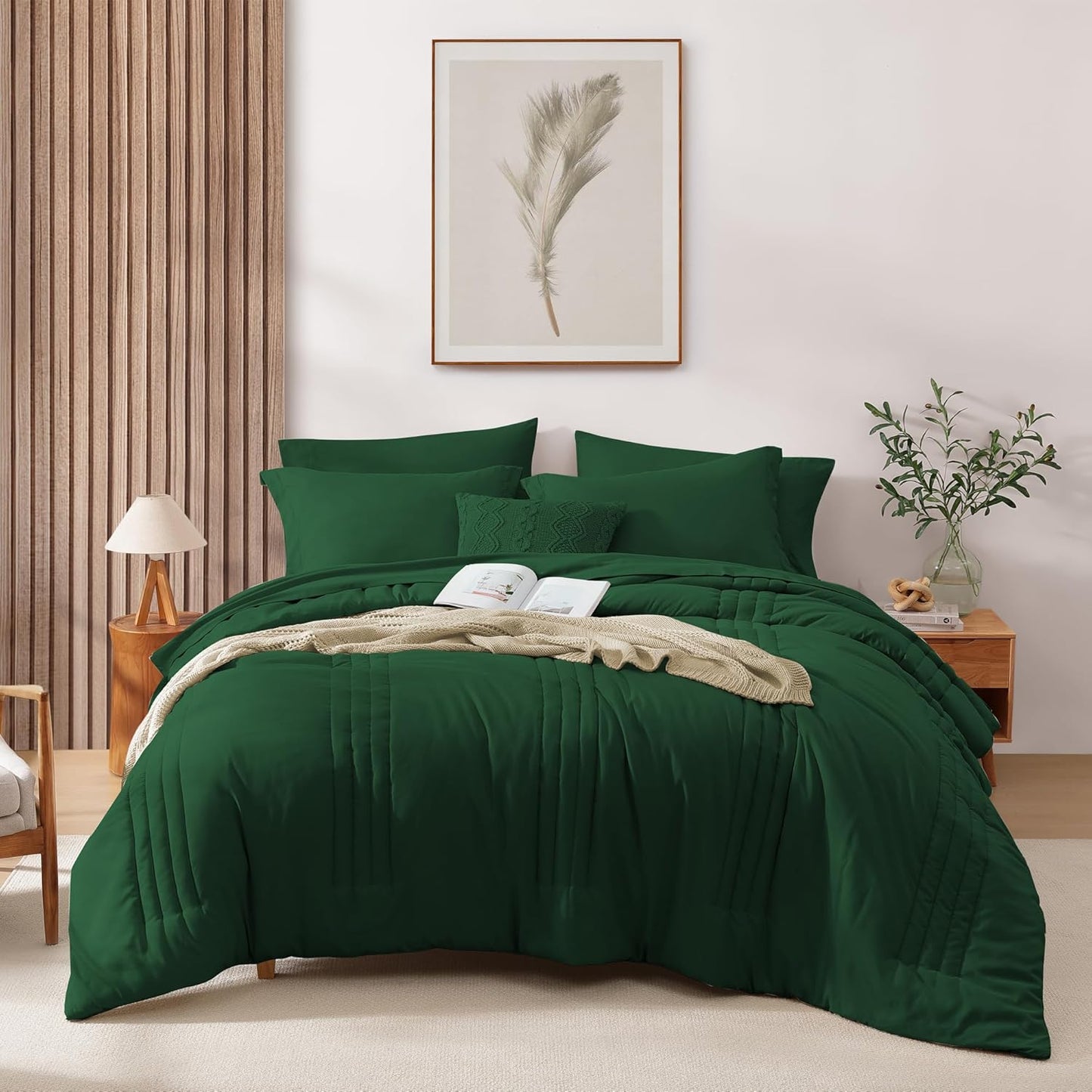 Monbix Queen Comforter Set - 7 Pieces Emerald Green Bedding