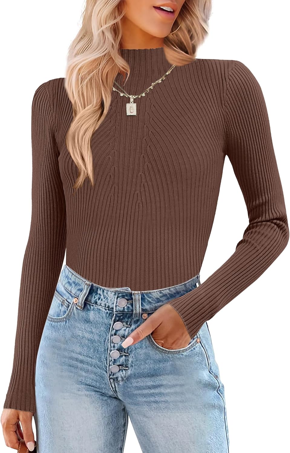 HOTOUCH Women Mock Neck Sweater Ribbed Knit Fitted Top Casual