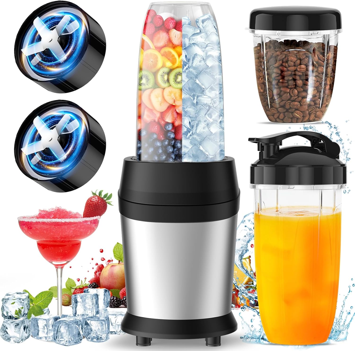 High-speed Portable Smoothie Blender Set, Crushes Ice & Nuts, 12-Pcs To-Go Cups, Silver