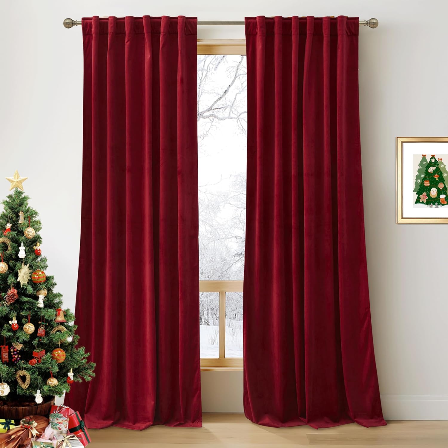 RYB HOME Red Velvet Curtains for Bedroom - Elegant Window Drapes