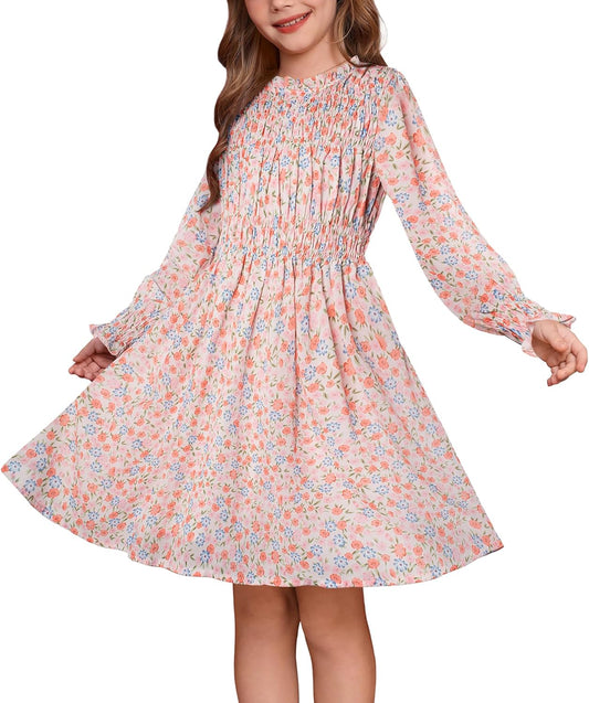 Girls' Fall Long Sleeve Floral Dress for Special Occasions