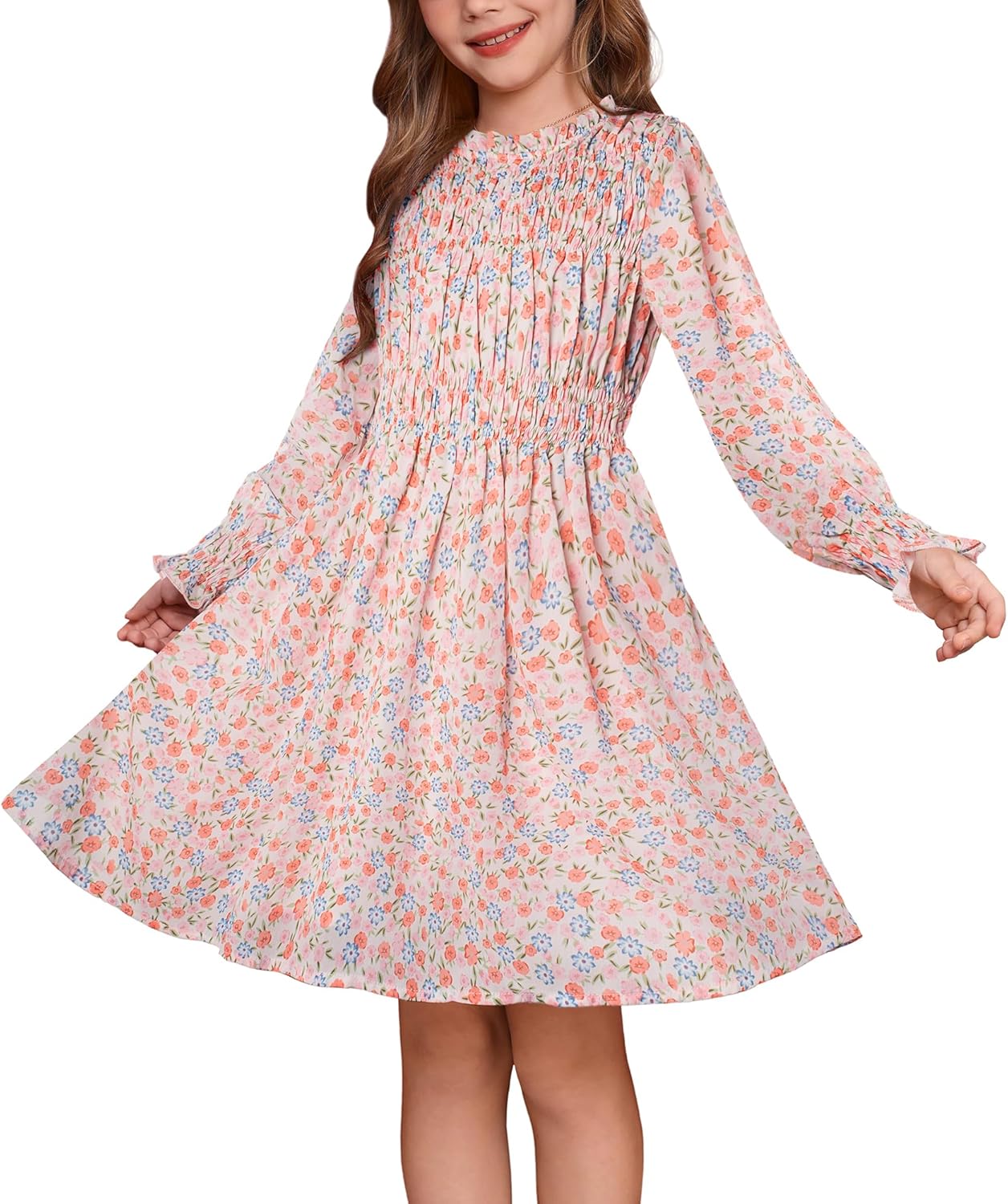 GRACE KARIN Girls' Floral Long Sleeve Midi Dress for Kids