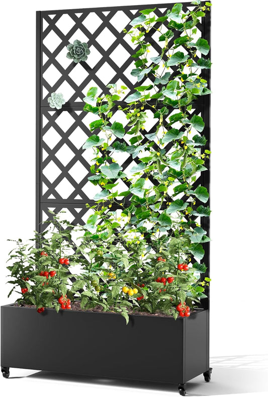 Metal Planter Box with Trellis & Wheels for Climbing Plants