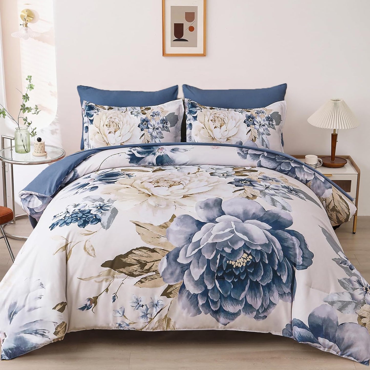 Elegant Blue Floral Queen Size Comforter Set for All Seasons