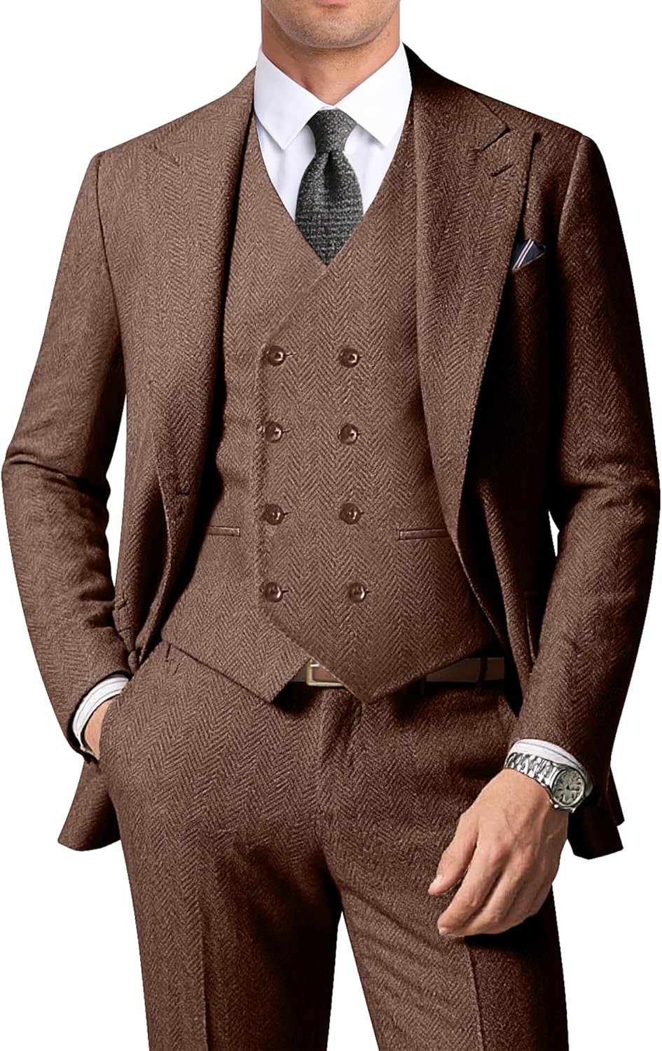 Men's Herringbone Tweed Suit Set for Weddings and Prom Events