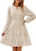 Women's Long Sleeve V Neck Eyelet Mini Dress - Flowy Fall Style