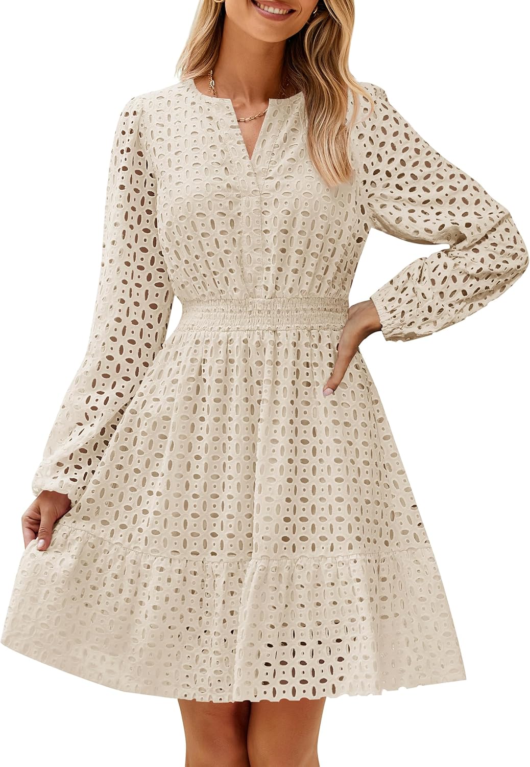 ZESICA Women's Long Sleeve Mini Dress with Eyelet Embroidery