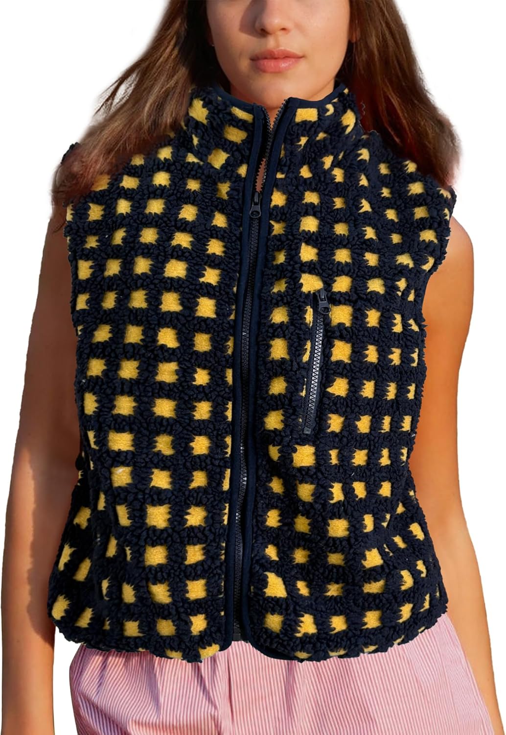 Colorful world Womens Checkered Sherpa Vest Fleece Jacket