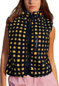 Womens Checkered Sherpa Fleece Vest - Lightweight Zip Up Plaid
