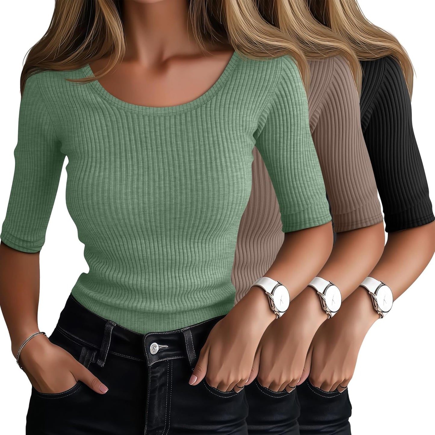 Ficerd 3 Pack Elbow Length Shirts for Women - Trendy Summer Tops