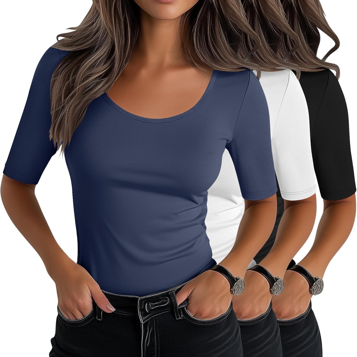 Neer Women's Scoop Neck Stretchy Tops for Casual Summer Wear
