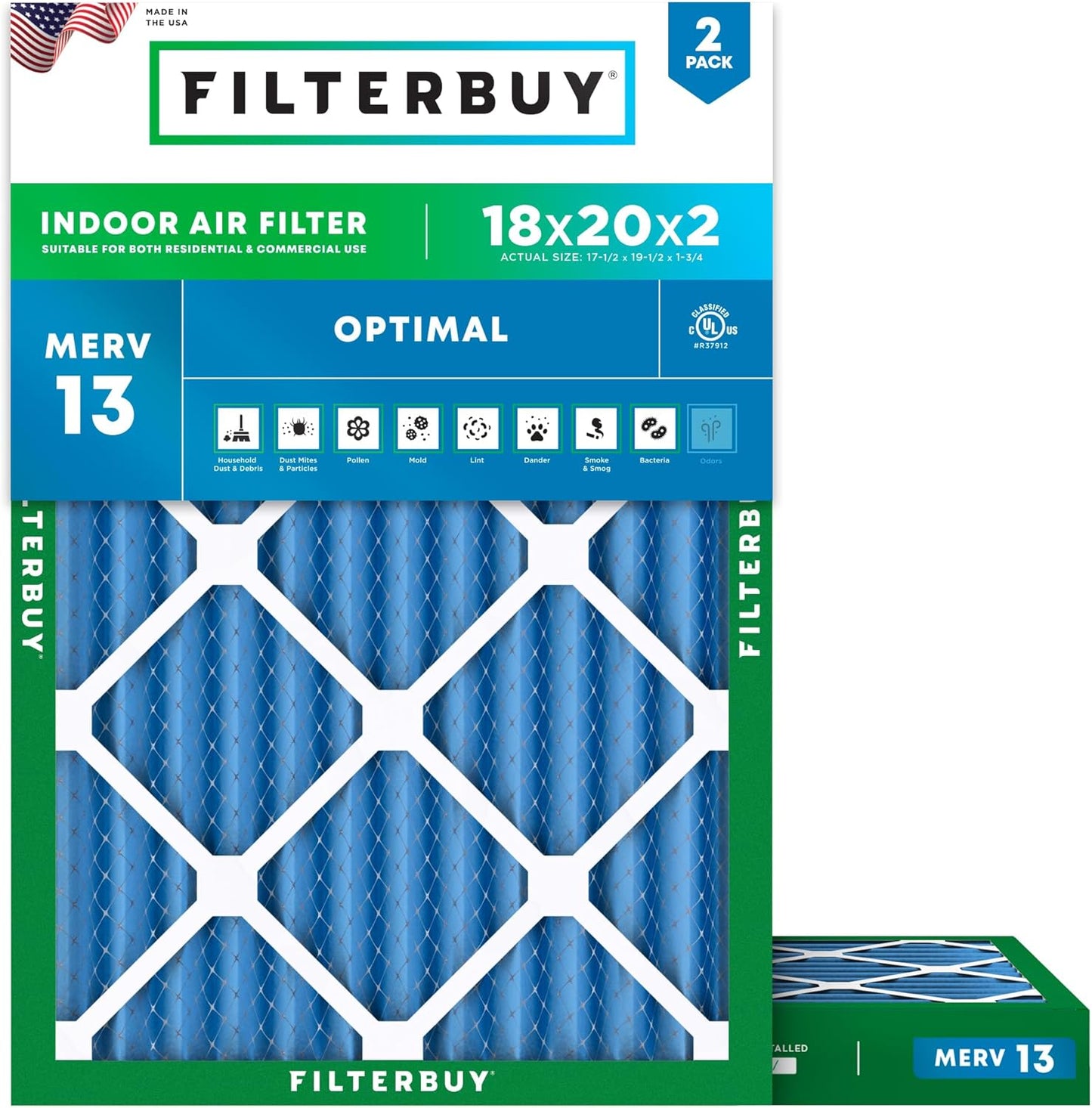 Filterbuy 18x20x2 Air Filter MERV 13 for Smoke & Allergy Defense