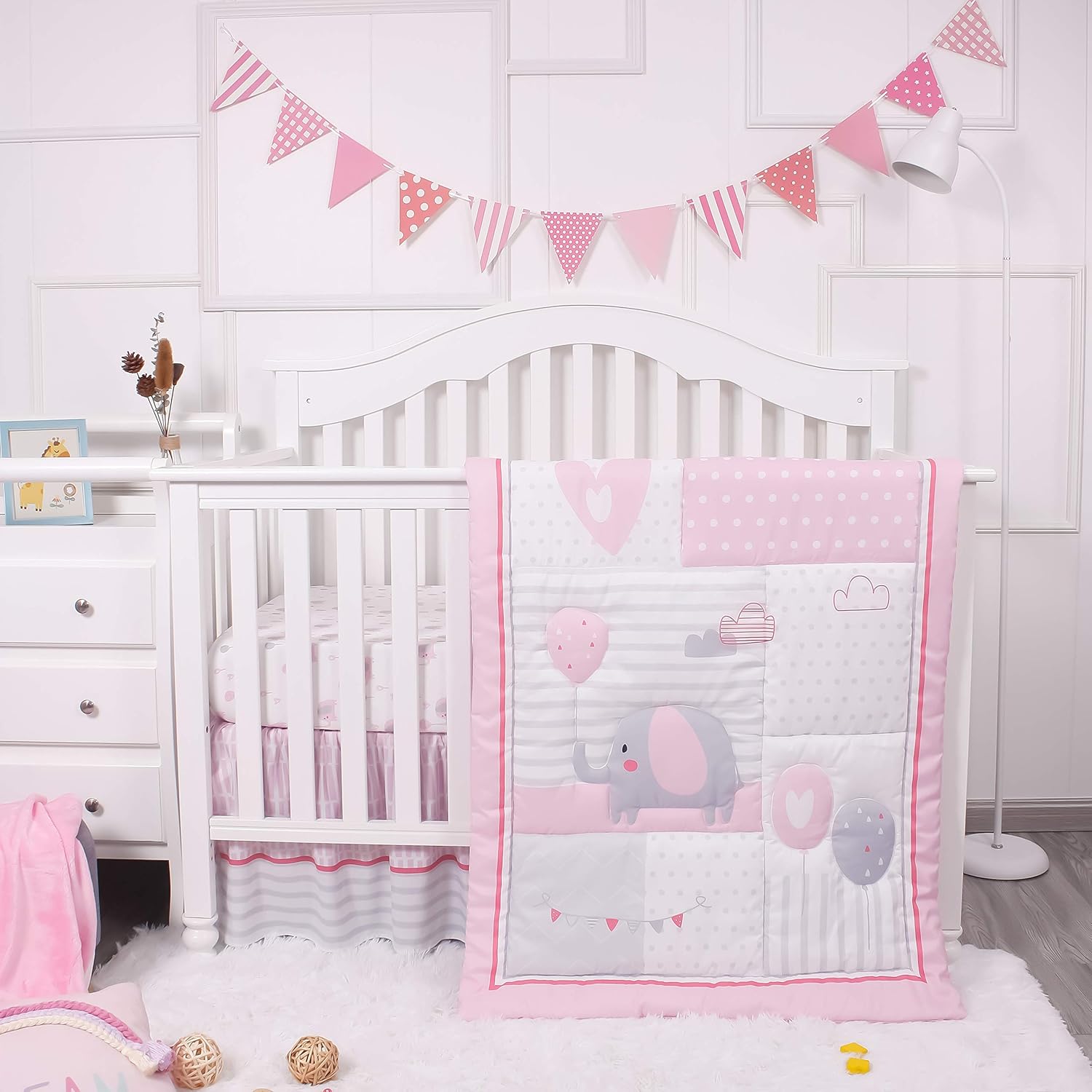 La Premura Baby Crib Bedding Set for Girls with Pink Elephants
