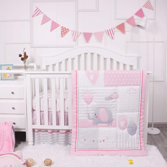La Premura Baby Crib Bedding Set for Girls with Pink Elephants
