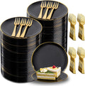 Festiva Black Gold Dessert Plates 6.3in with Forks for Parties