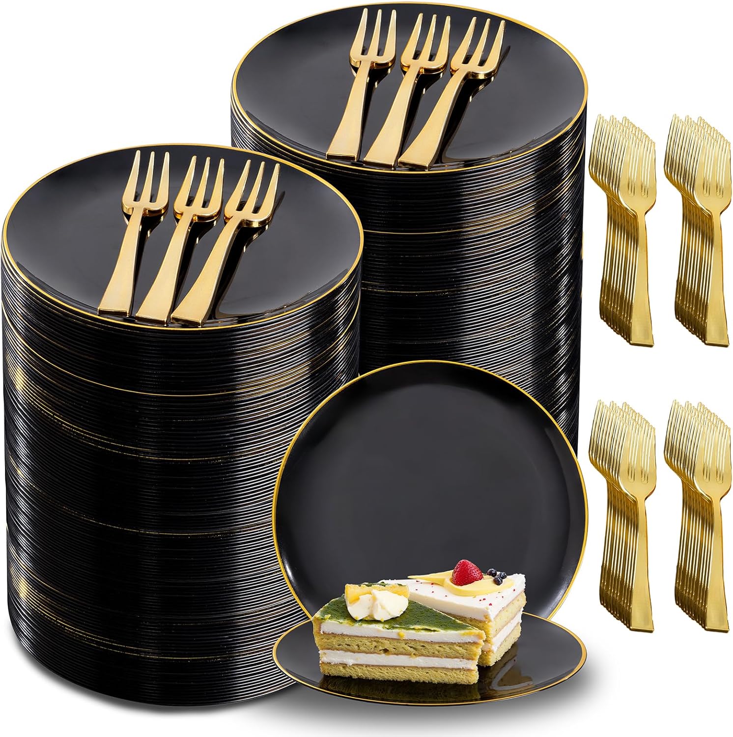 Festiva Black Gold Dessert Plates 6.3in with Forks for Parties