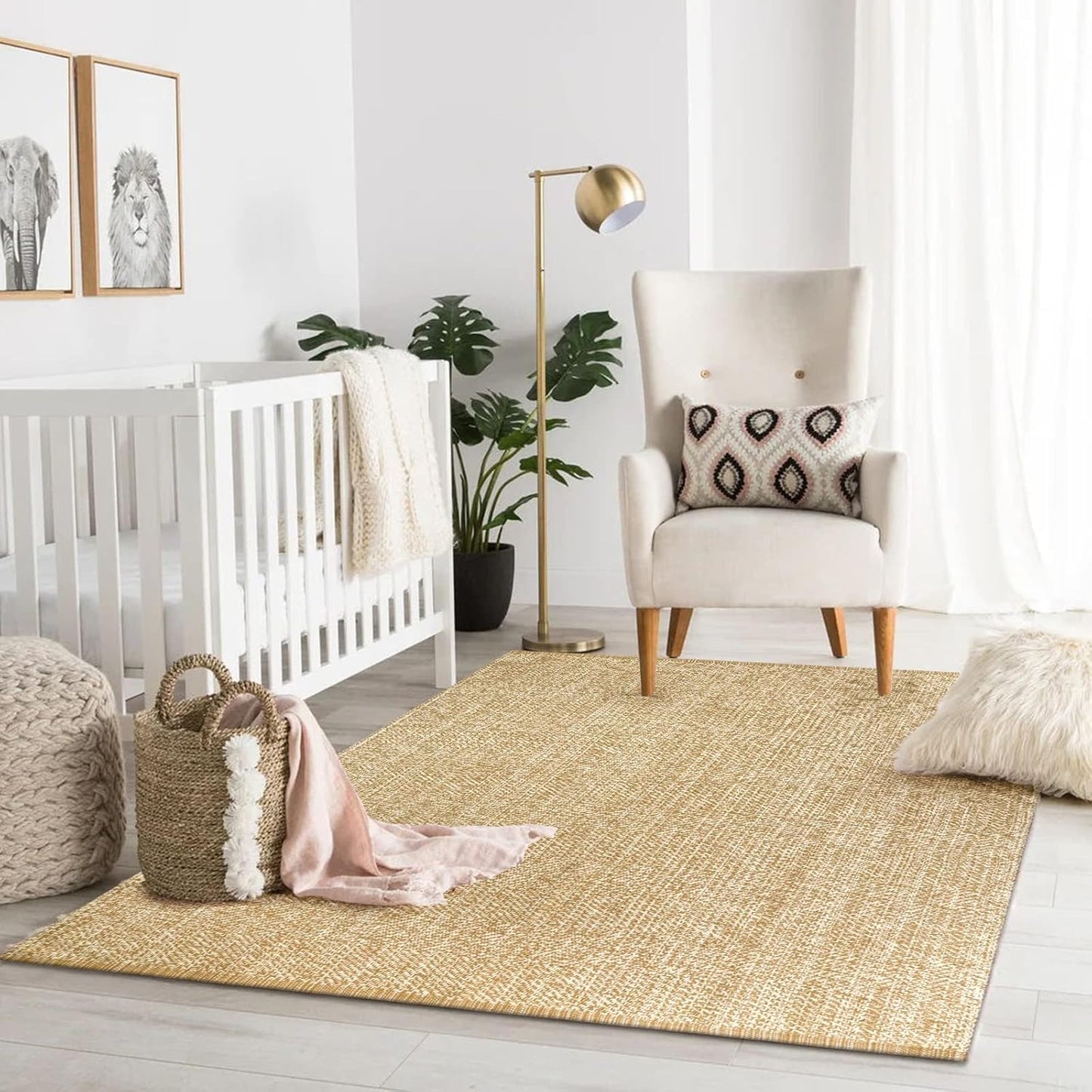 LEEVAN Hand-Woven Washable Rug - Versatile Indoor/Outdoor 4x6 Tan/Cream