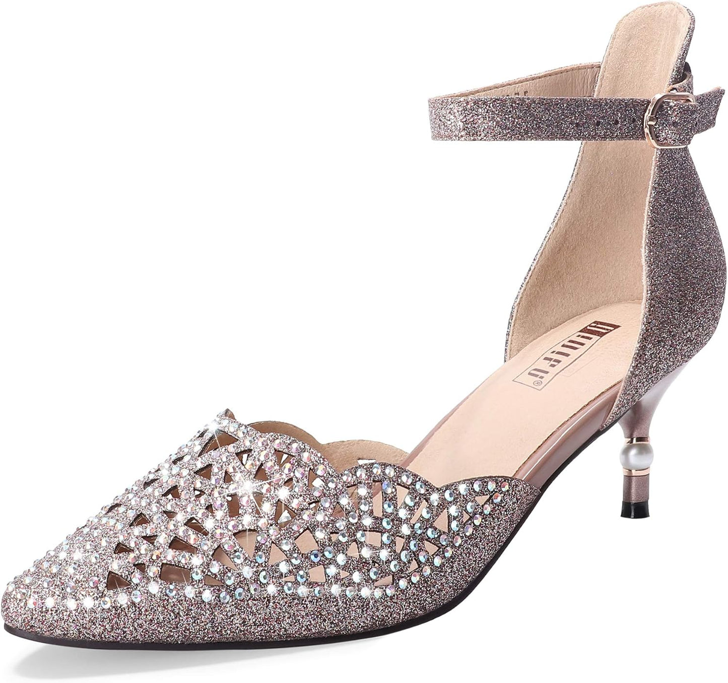 IDIFU Women's Rhinestones Low Kitten Heels for Bridal Elegance