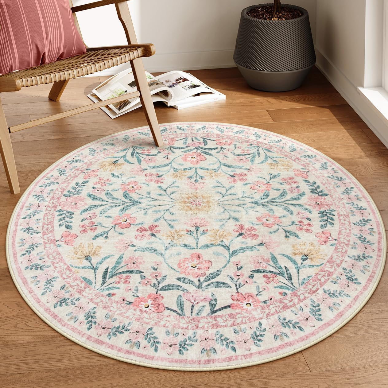 Lahome Boho Light Pink Round Rug 4ft for Kids and Nurseries