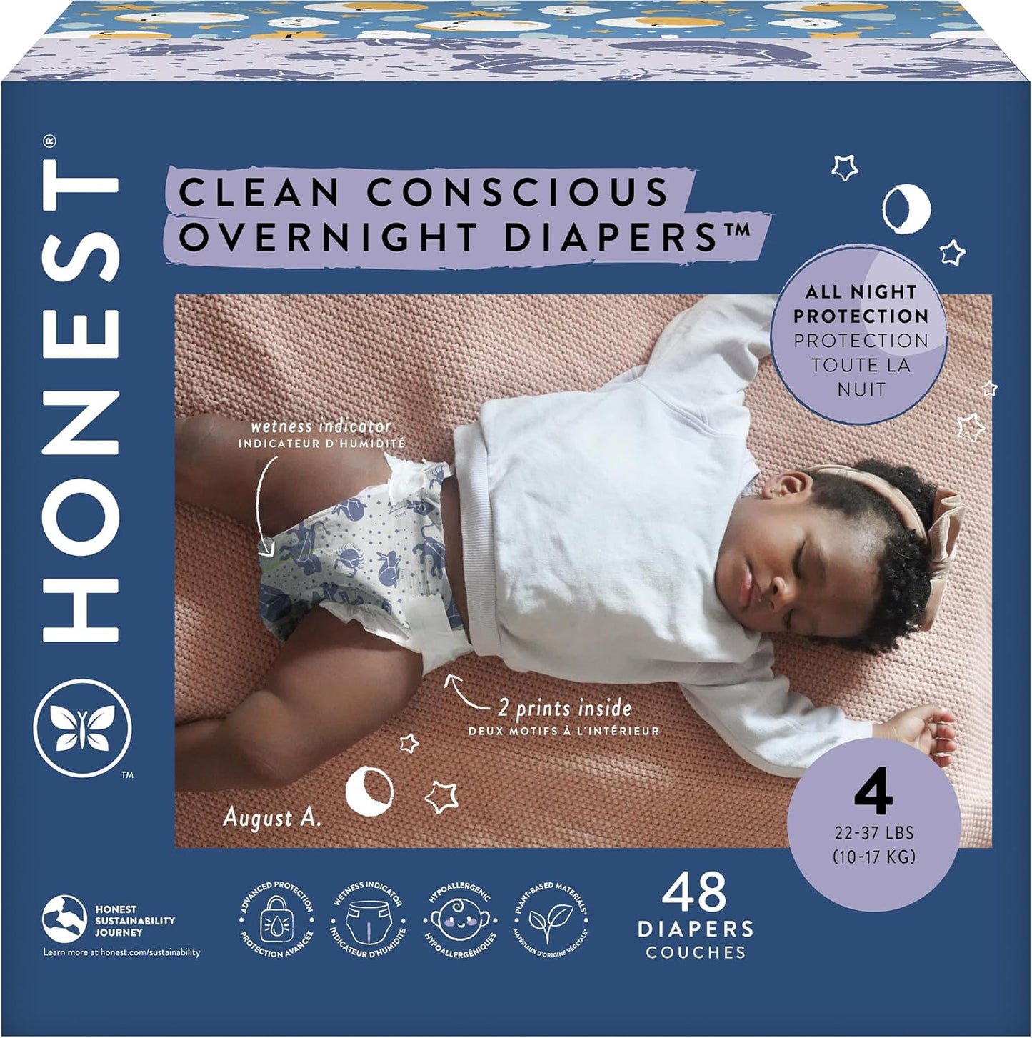 The Honest Co. Sustainable Overnight Diapers | Cozy Cloud + Star Signs | Size 4, 48 Count