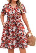 Plus Size V Neck Knee Length Dress - Flattering Wrap Sundress