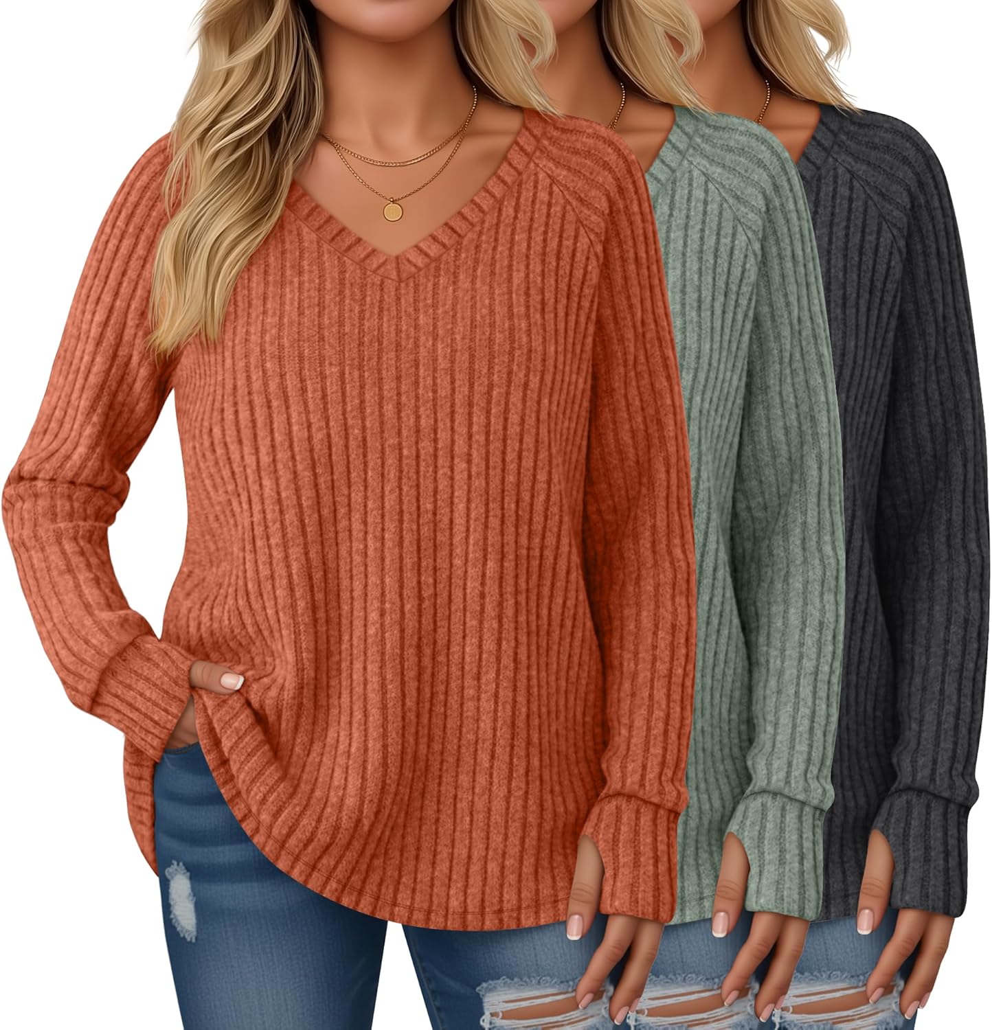 Plus Size Women's Long Sleeve Sweaters with Thumb Holes