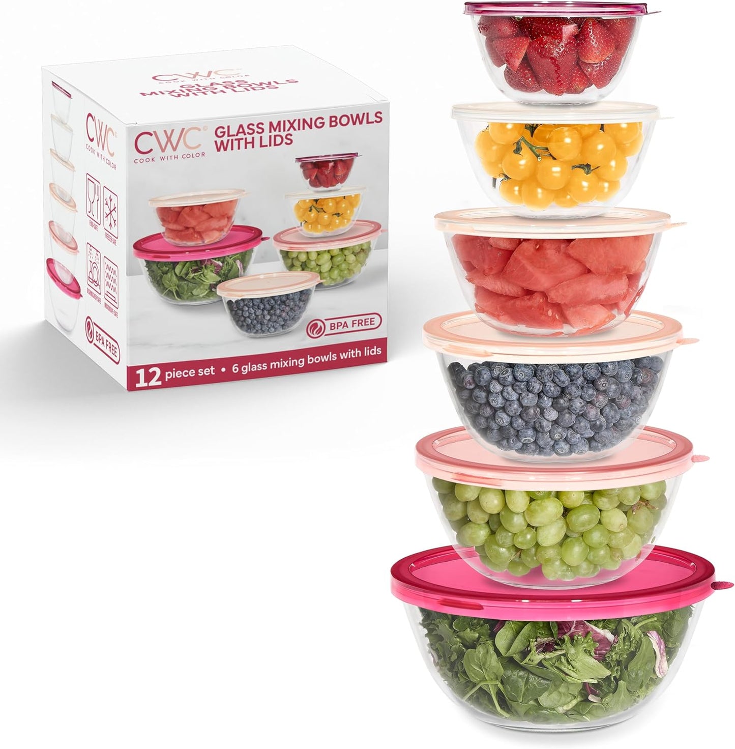 12 Pc Glass Mixing Bowl Set with Lids for Cooking and Baking