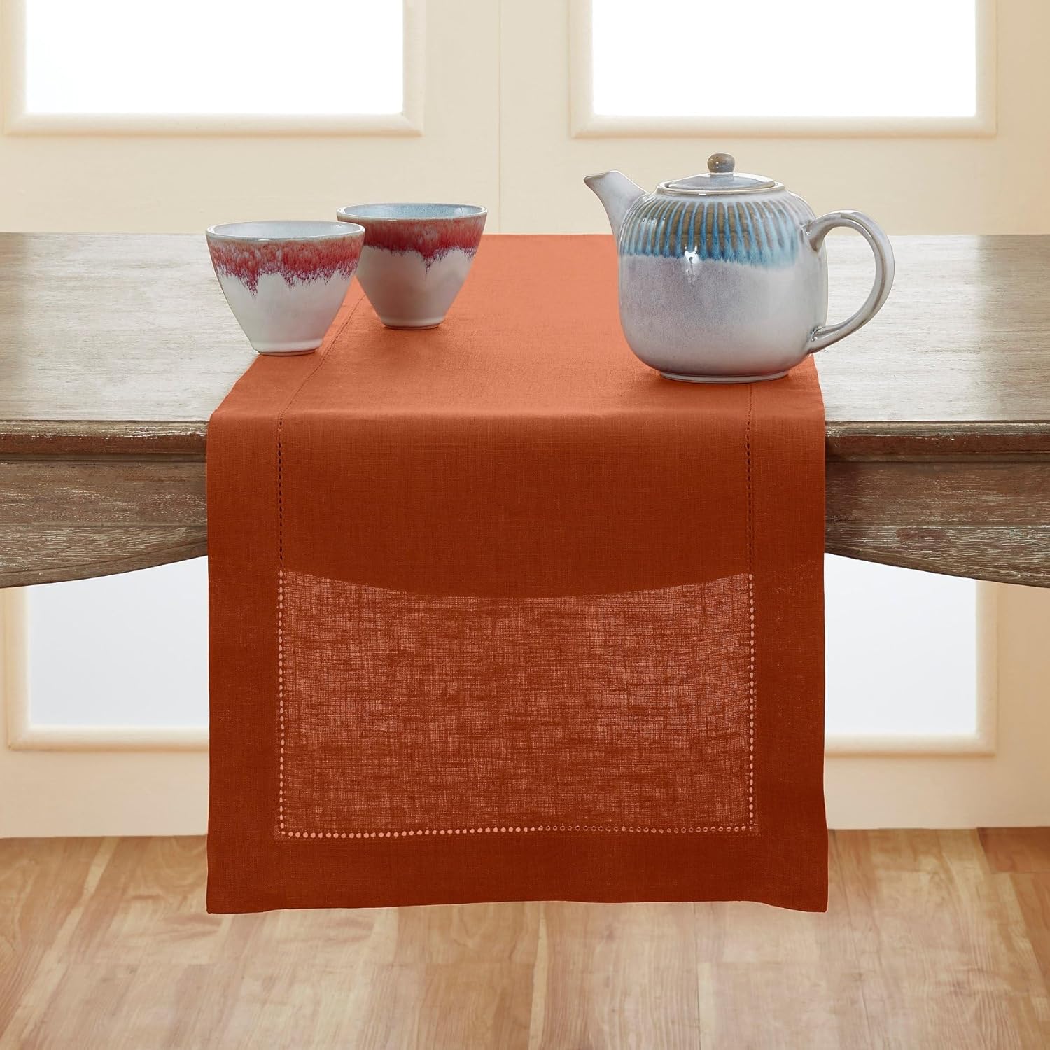 Cinnamon Table Runner 90 Inches Long - Pure Linen Hemstitch