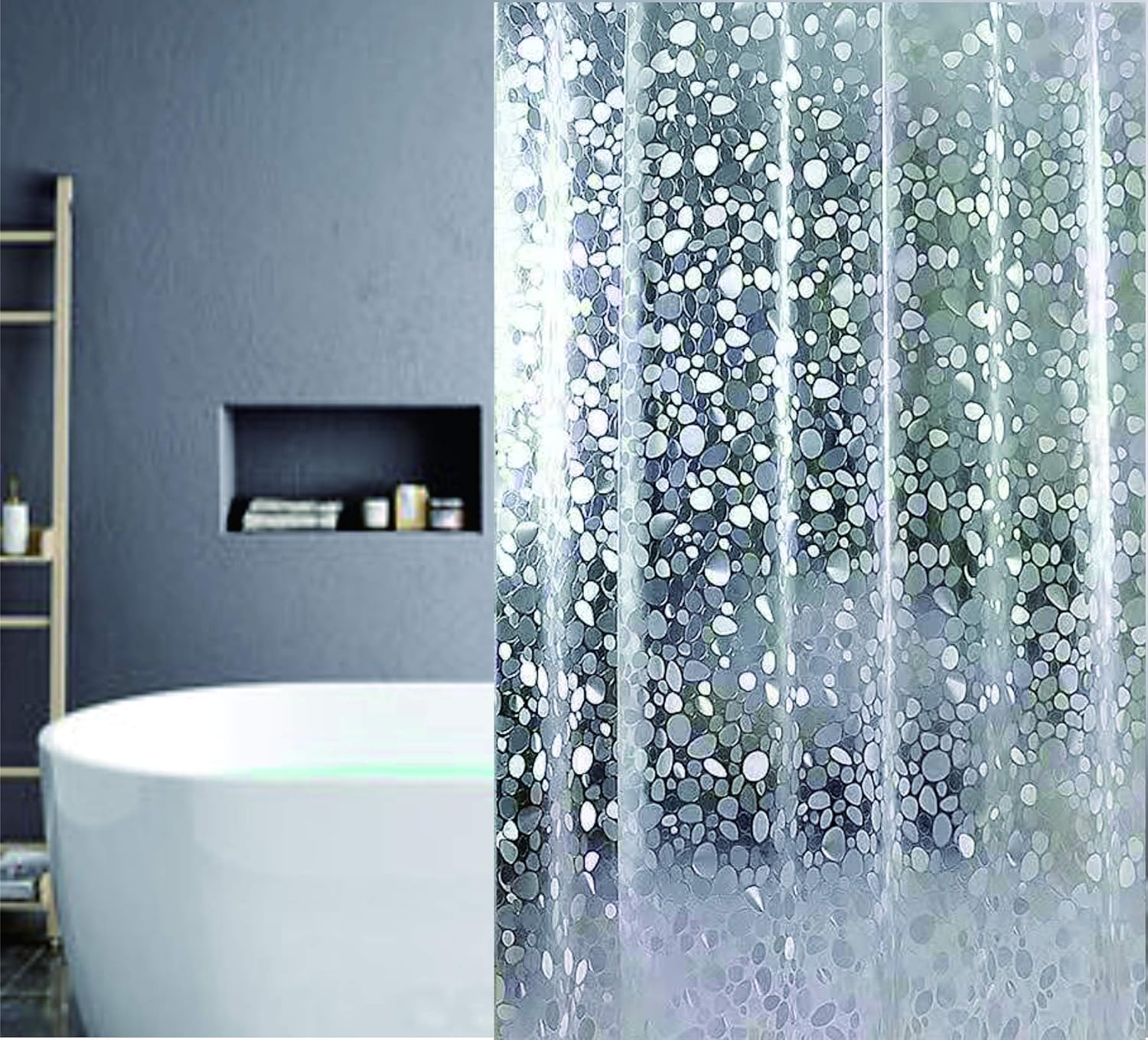 72x72 Inch 3D Pebble Shower Curtain & Hooks Set