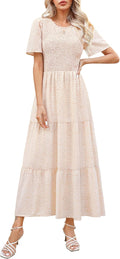 Womens Smocked Maxi Dress Floral Boho Short Sleeve - Flowy Fit