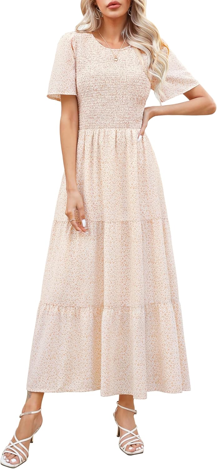 Maggeer Womens Smocked Wedding Guest Maxi Dress for Summer