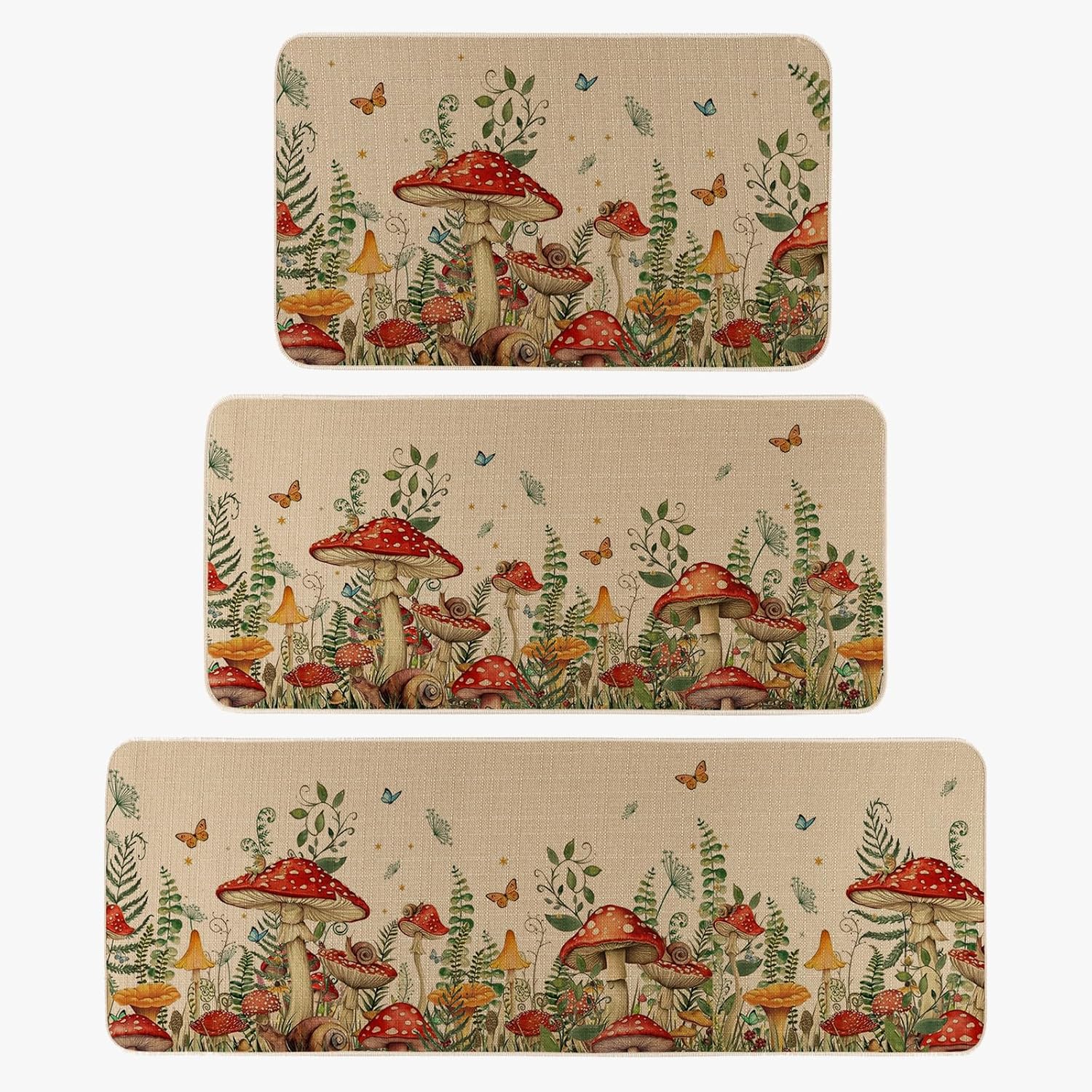Mushroom Snail Kitchen Rugs Set of 3 for Spring Decor