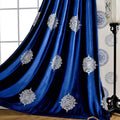 Blackout Velvet Curtains 96 in Long - Floral Embroidered Dark Blue