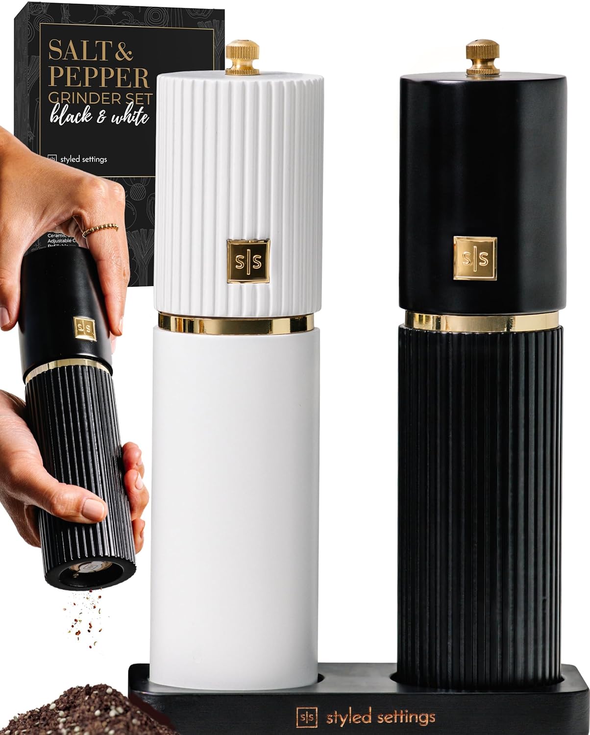 Stylish White and Black Salt and Pepper Grinder Set with Gold Accents