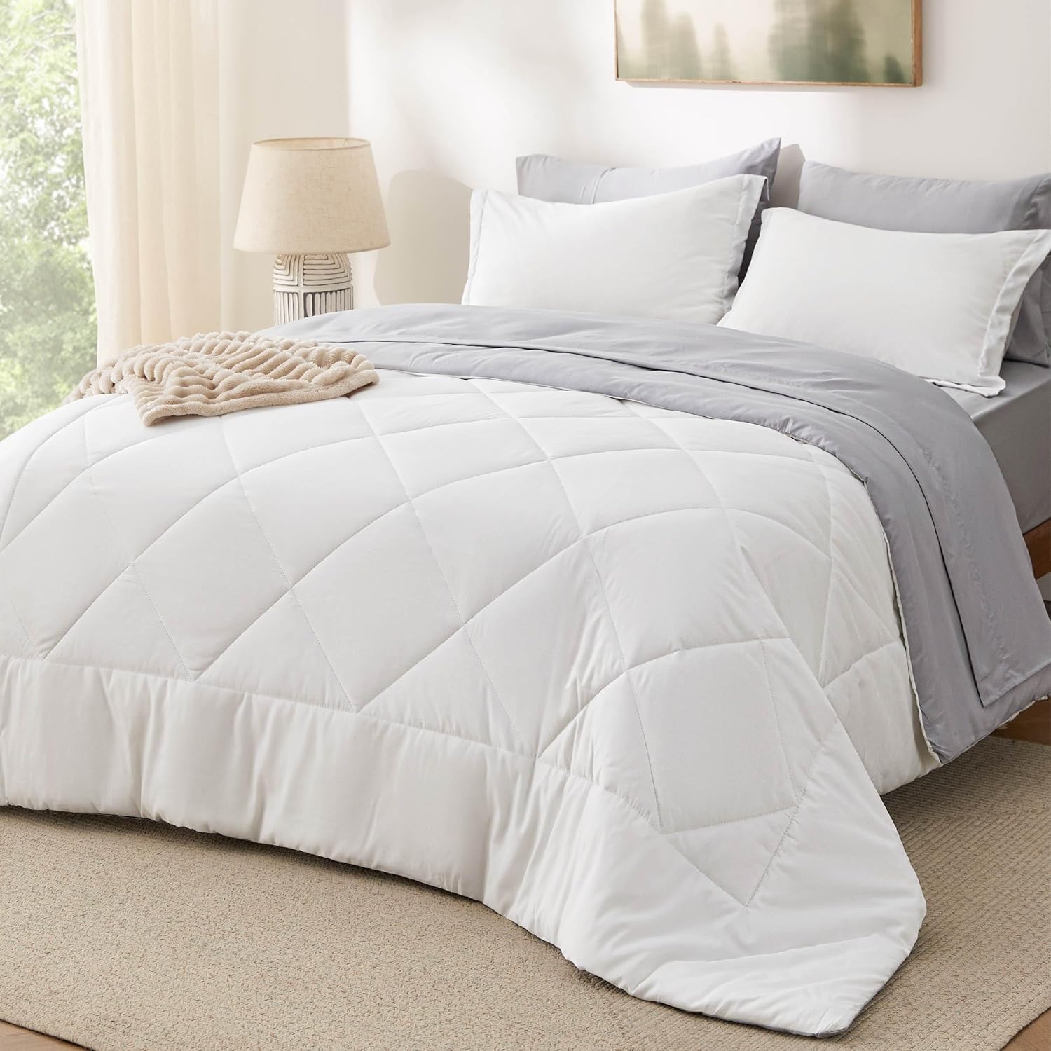 Queen Comforter Set - 7 Pieces Reversible Bedding for All Seasons