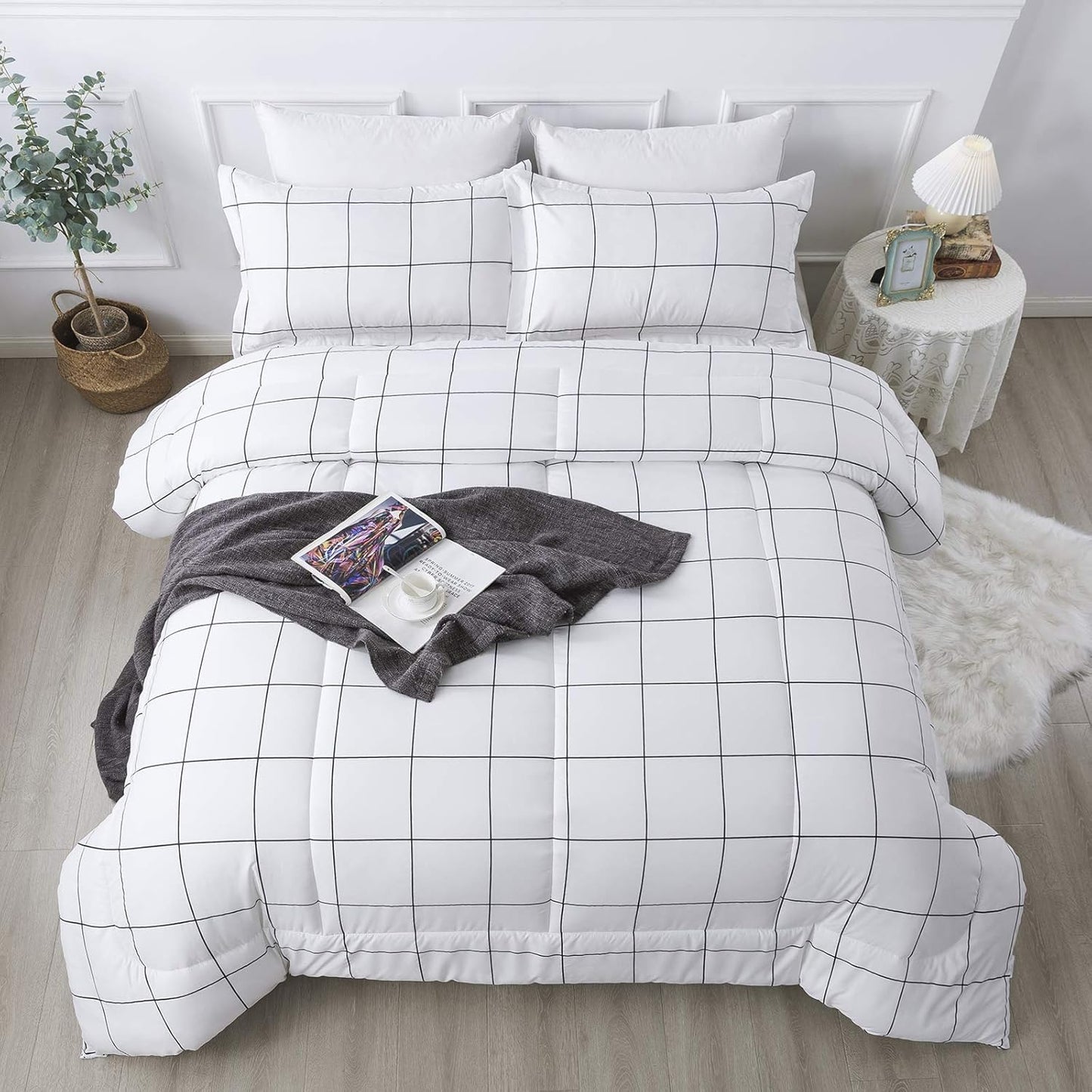 White Plaid Comforter Set Full - Lightweight Microfiber Bedding