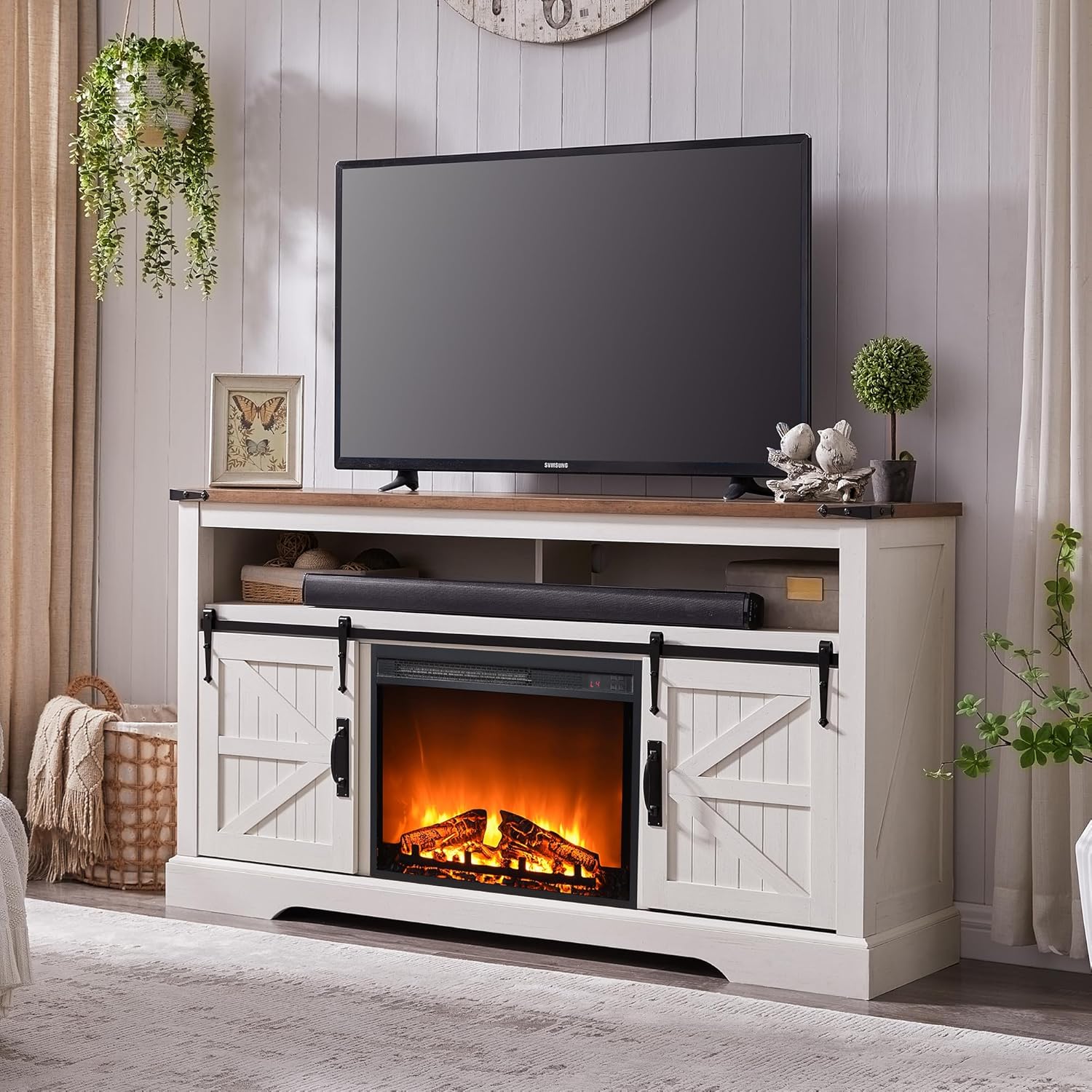 Rustic Farmhouse TV Stand w/ Electric Fireplace