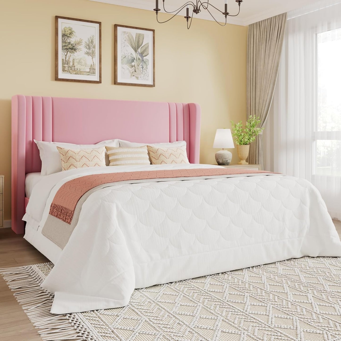 Elegant Velvet Queen Size Upholstered Platform Bed Frame