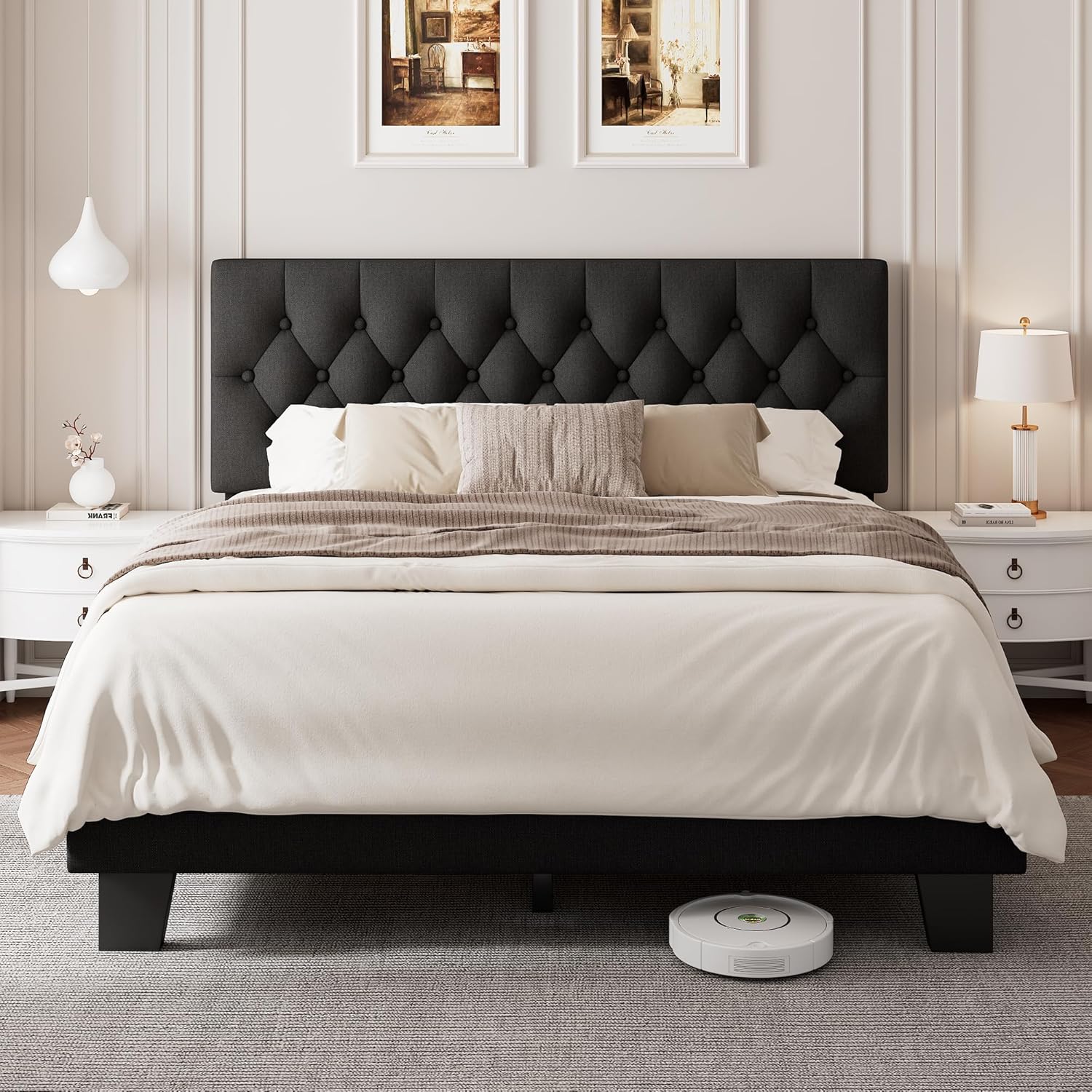 Queen Upholstered Bed Frame with Button Tufted Headboard