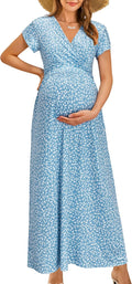 OUGES Maternity Maxi Dress Wrap V Neck - Flattering Nursing Fit