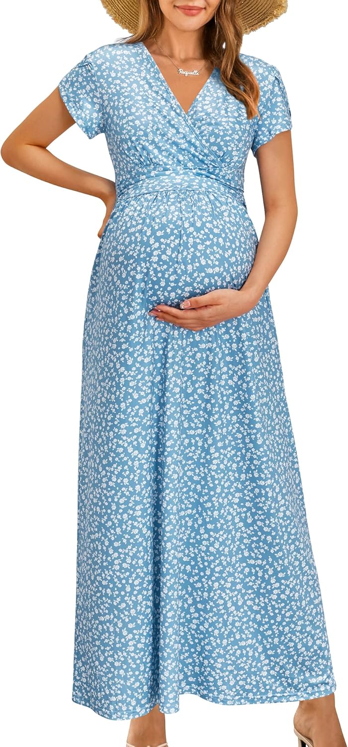 OUGES Maternity Maxi Dress Wrap V Neck for Baby Shower Events