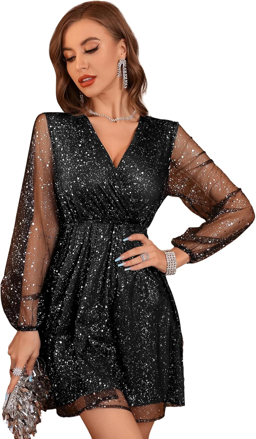 Floerns Mesh Lantern Sleeve Party Dress