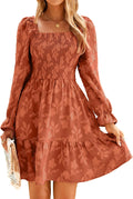 BerryGo Square Neck Fall Long Sleeve Mini Dress - Smocked A-Line