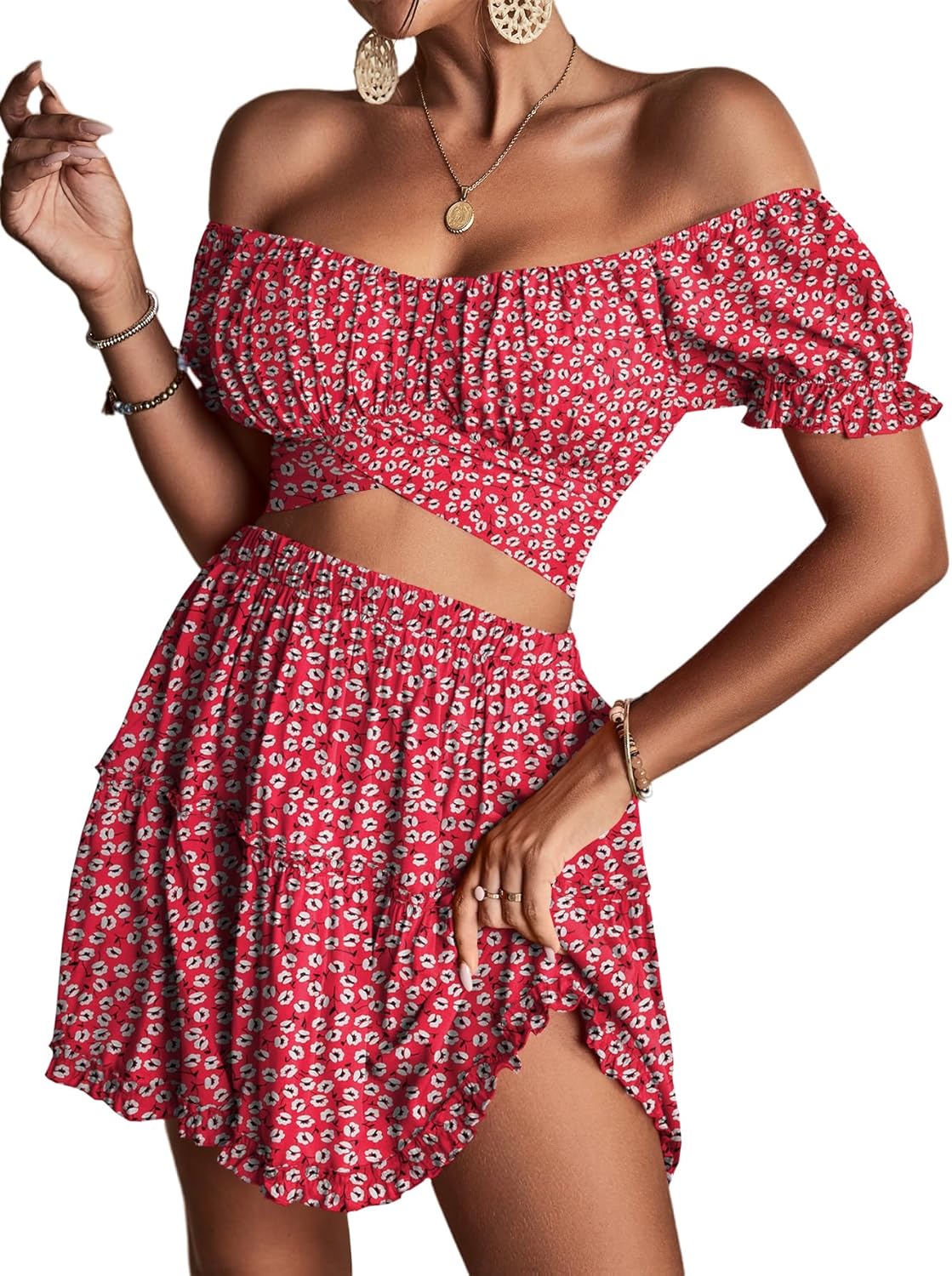 LYANER Women's Floral Off Shoulder Crop Top and Mini Skirt Set