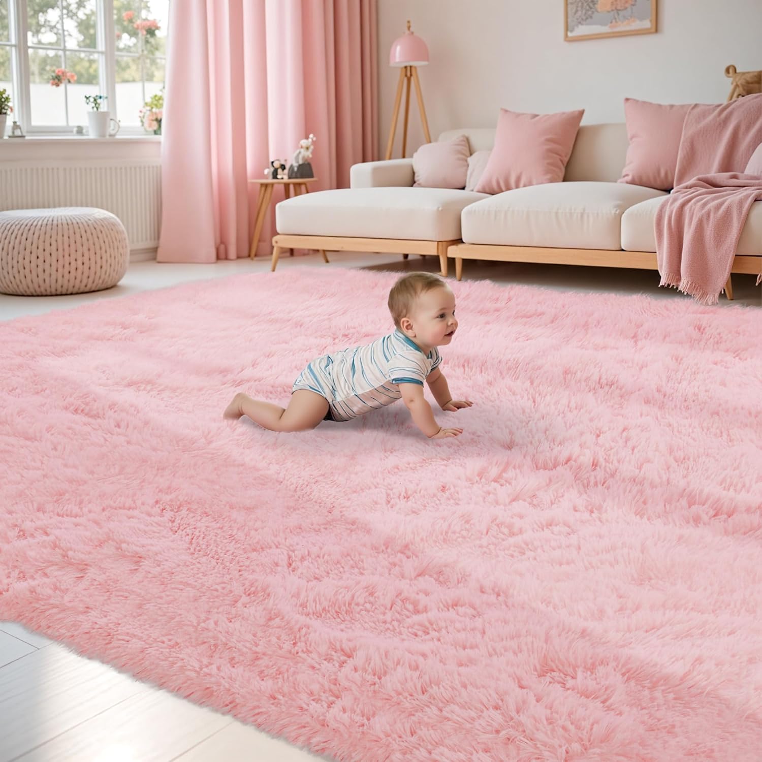 Fluffy Pink Area Rug for Bedroom Living Room Soft 8x10 Fuzzy